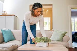 Woman adjusting planter that's sitting on her coffee table