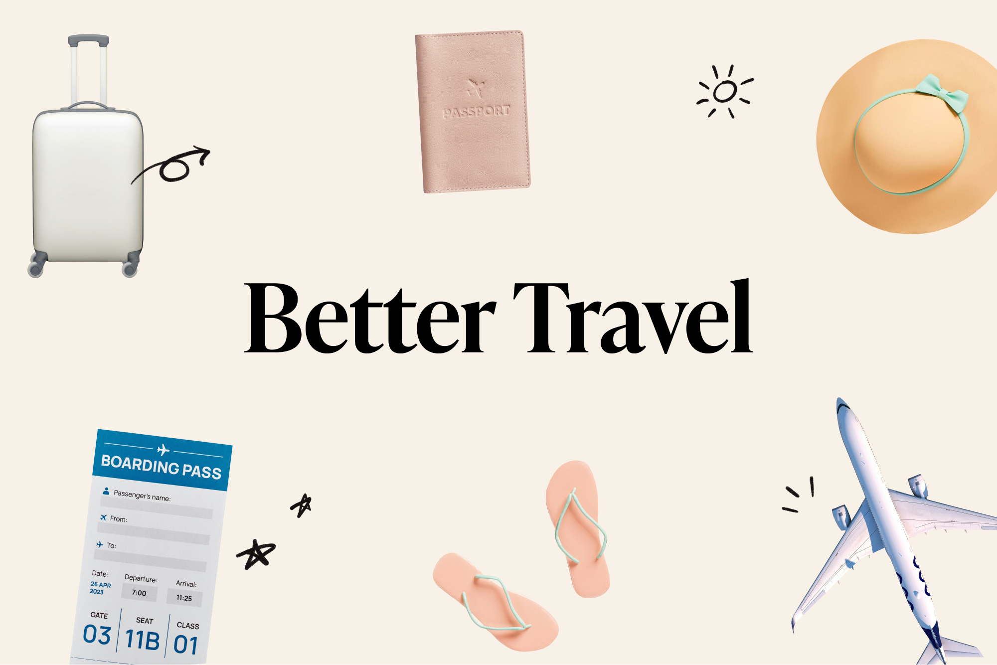 Travel products around text that reads 