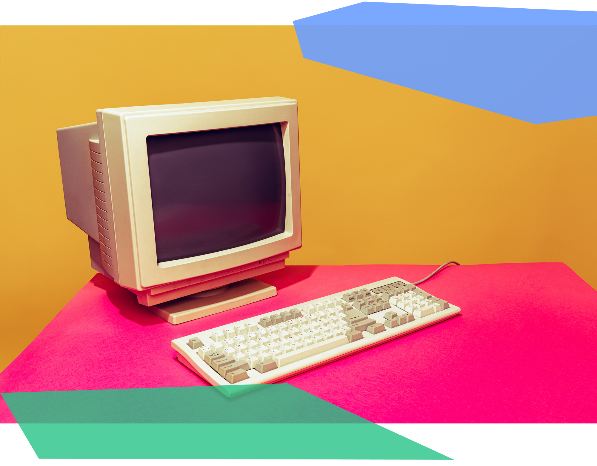 Retro computer with a pink and orange background 