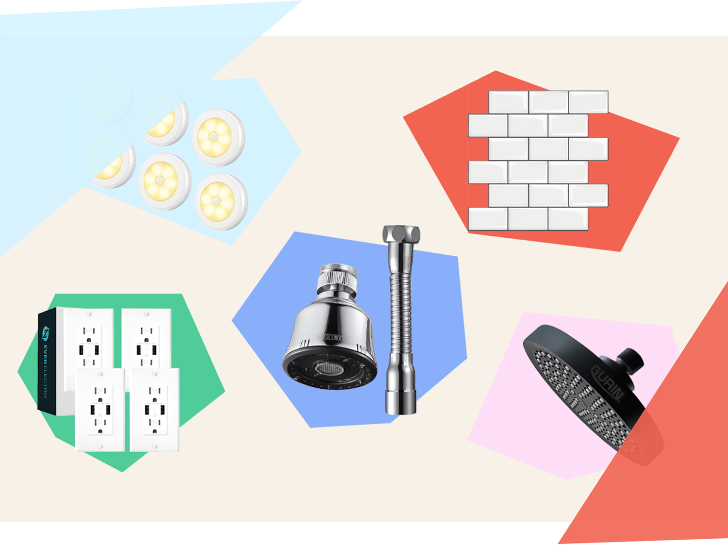 Collection of items to upgrade, including shower head and peel-and-stick backsplash 