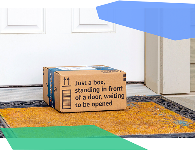 An Amazon shipping box in front of a door 