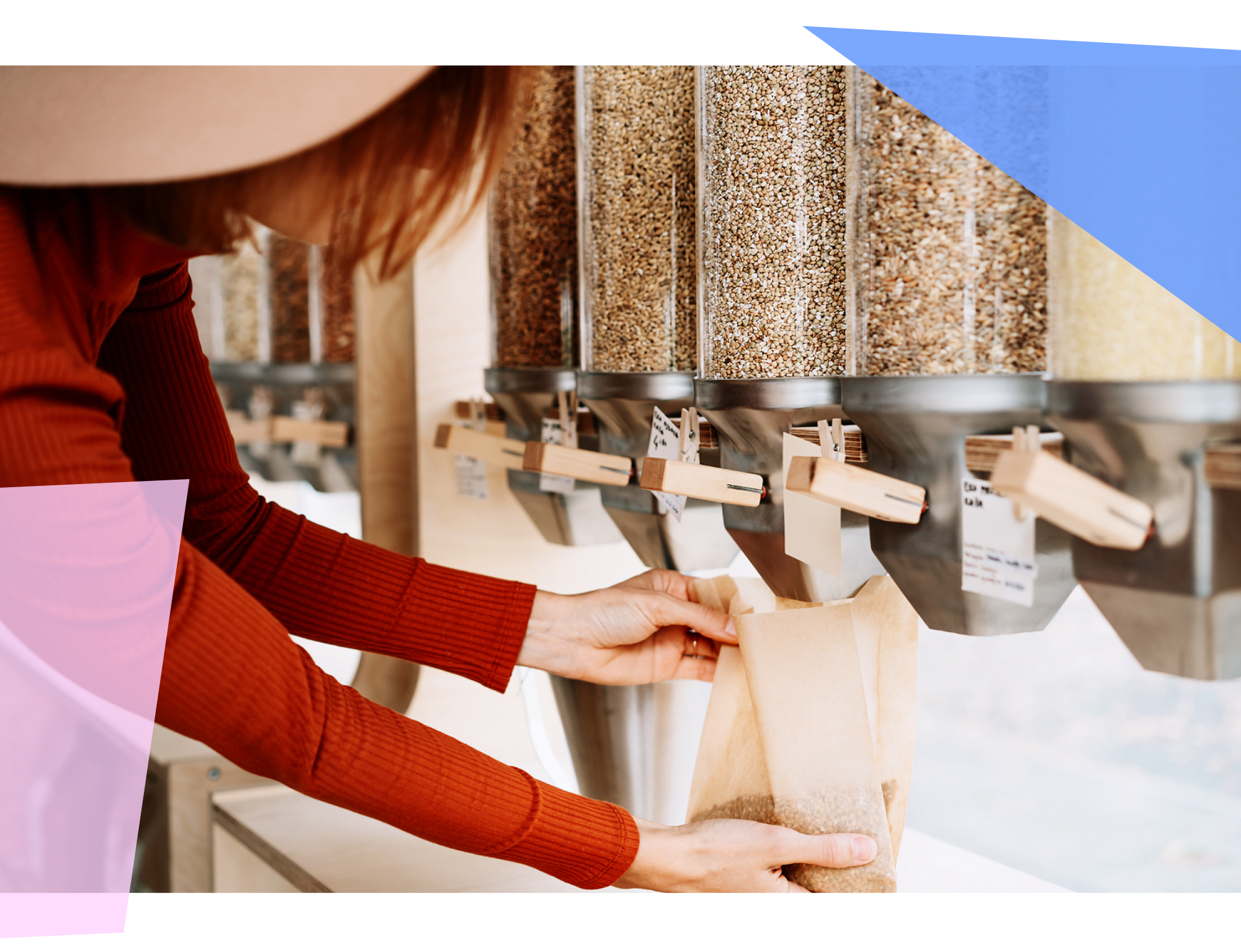 Shopper pouring grains into a bag at a store 