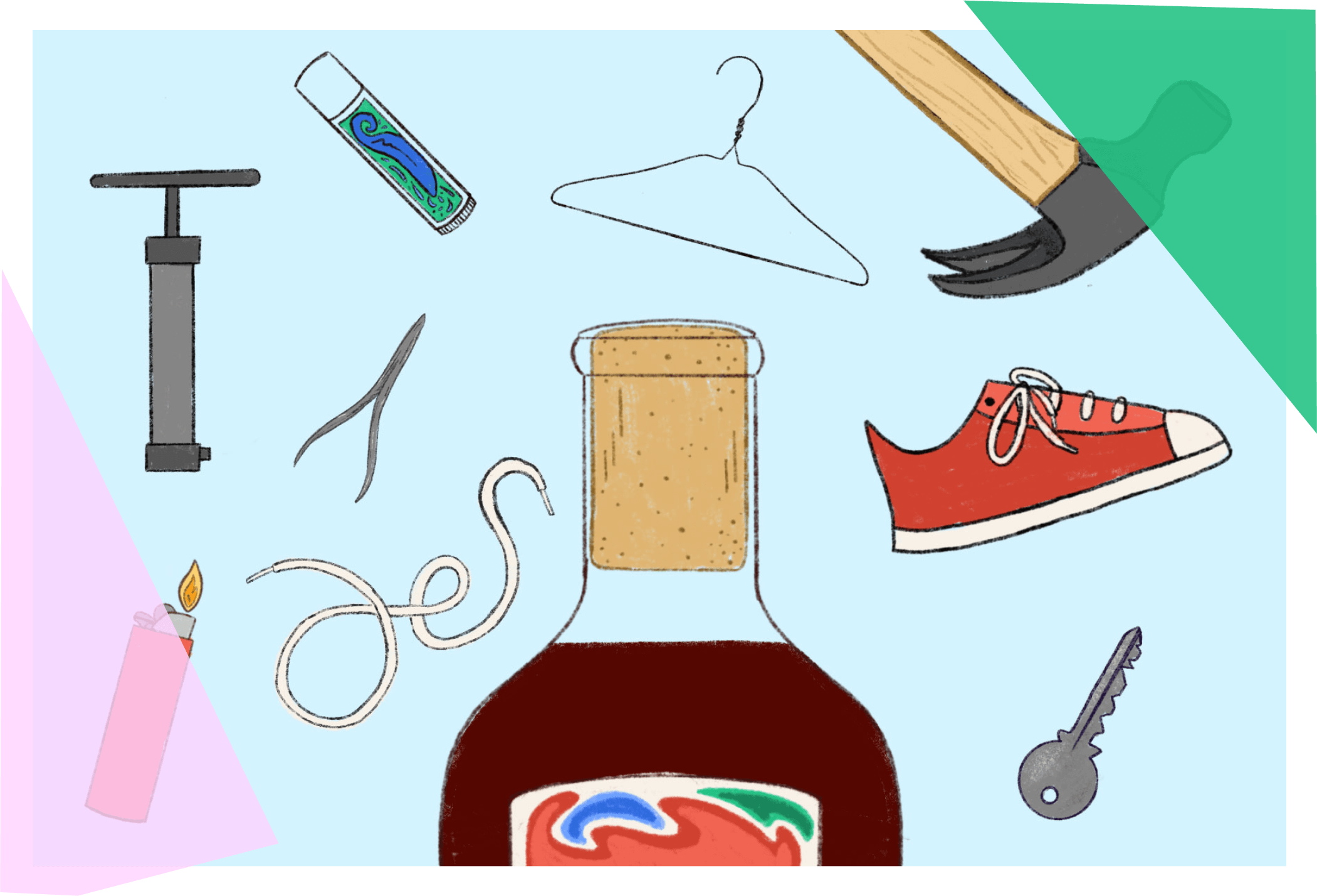 Illustration of a bottle of ketchup and assorted tools 