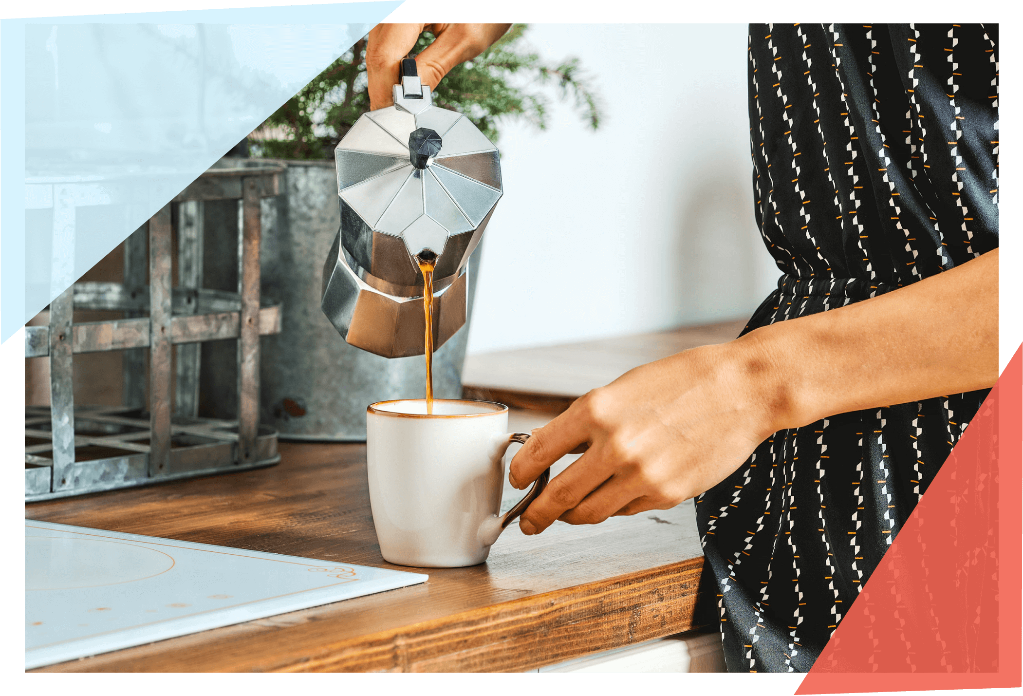 Person pouring coffee out of a Moka pot 