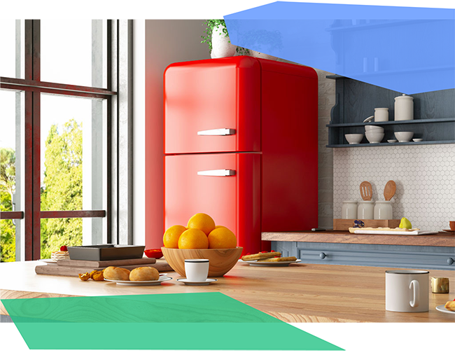 A red refrigerator in a kitchen. 