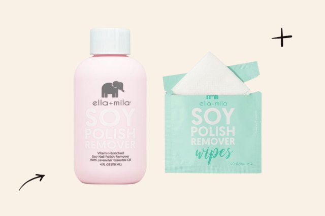 An image of the Ella+Mila non-acetone nail polish remover liquid and wipes