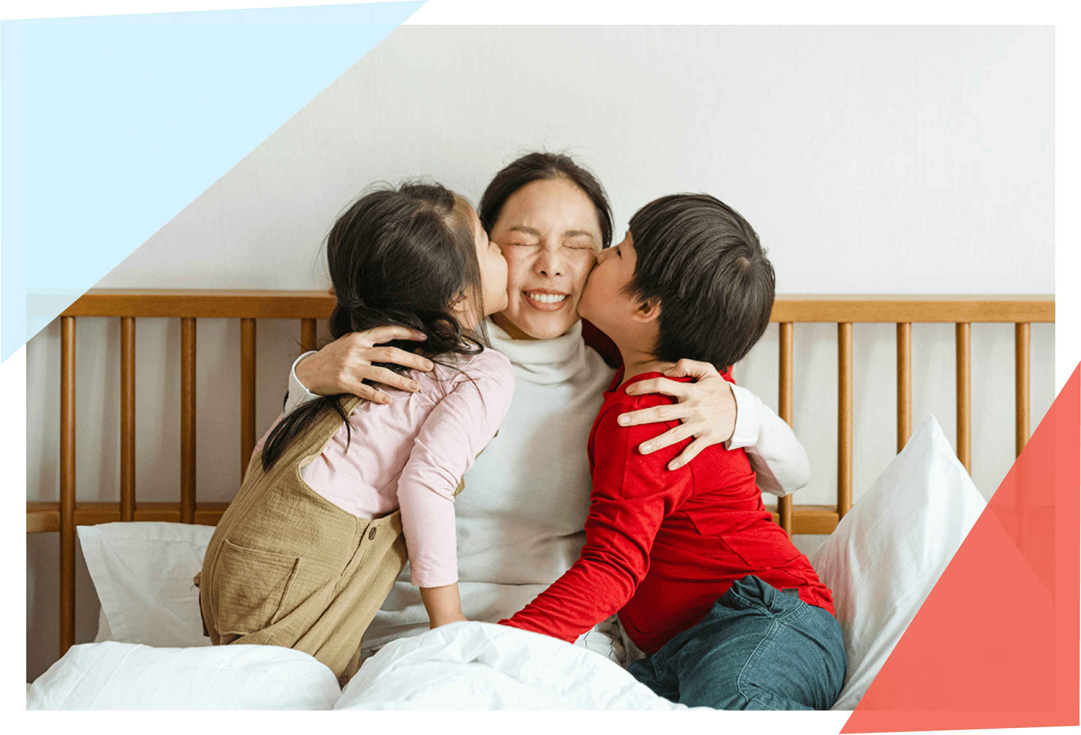 Two kids kissing their mom's cheeks 