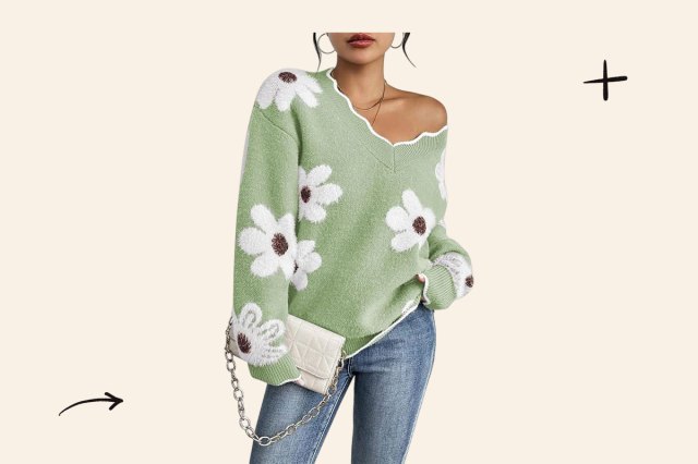 An image of an oversized fuzzy floral sweater